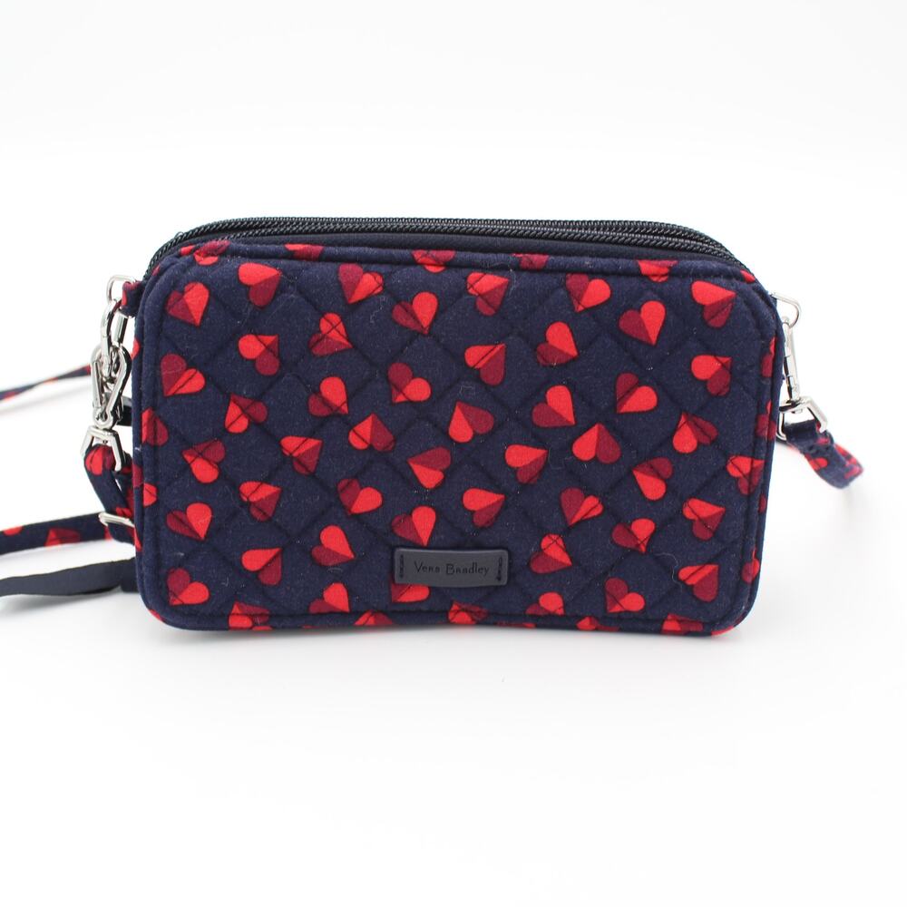 Vera Bradley Crossbody All In‎ One Wallet Hearts Quilted Blue Red Travel Purse